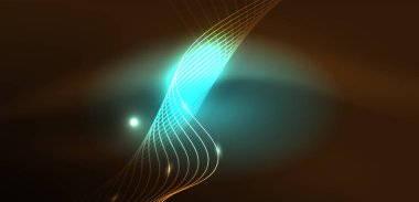 Parlak neon dalgalar. Neon ışığı ya da lazer gösterisi, elektrik akımı, güç hatları, tekno kuantum enerji dürtüsü, parlayan sihirli dinamik çizgiler.