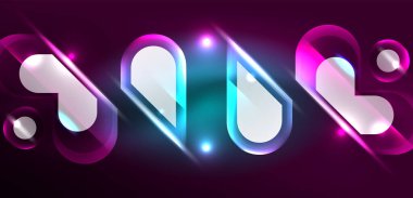 Neon parlayan geometrik şekiller vektör soyut arkaplanı. Yuvarlak elementler, ışık efektleri ve renk arkaplanlı parlak cam. Uzay kozmik ya da sihirli enerji duvar kağıdı