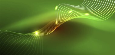 Parlak neon dalgalar. Neon ışığı ya da lazer gösterisi, elektrik akımı, güç hatları, tekno kuantum enerji dürtüsü, parlayan sihirli dinamik çizgiler.