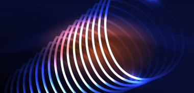 Neon lazer hatları, daire dalgaları soyut arkaplan. Neon ışığı ya da lazer gösterisi, elektrik akımı, güç hatları, tekno kuantum enerji dürtüsü, parlayan sihirli dinamik çizgiler.