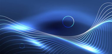 Neon lazer hatları, daire dalgaları soyut arkaplan. Neon ışığı ya da lazer gösterisi, elektrik akımı, güç hatları, tekno kuantum enerji dürtüsü, parlayan sihirli dinamik çizgiler.