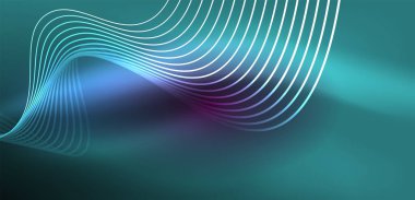 Parlak neon dalgalar. Neon ışığı ya da lazer gösterisi, elektrik akımı, güç hatları, tekno kuantum enerji dürtüsü, parlayan sihirli dinamik çizgiler.