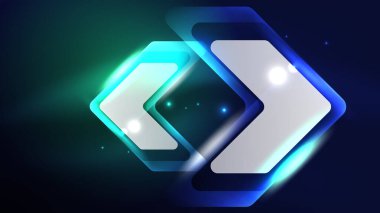 Soyut arkaplan iniş sayfası, parlak formlar üzerinde enerji etkisi konsepti, mavi parıldayan neon ışık yansımalı cam geometrik şekiller.