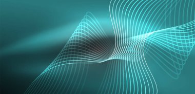 Parlak neon dalgalar. Neon ışığı ya da lazer gösterisi, elektrik akımı, güç hatları, tekno kuantum enerji dürtüsü, parlayan sihirli dinamik çizgiler.