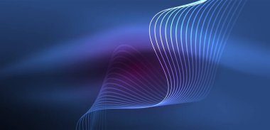 Parlak neon dalgalar. Neon ışığı ya da lazer gösterisi, elektrik akımı, güç hatları, tekno kuantum enerji dürtüsü, parlayan sihirli dinamik çizgiler.