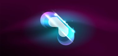 Neon parlayan geometrik şekiller vektör soyut arkaplanı. Yuvarlak elementler, ışık efektleri ve renk arkaplanlı parlak cam. Uzay kozmik ya da sihirli enerji duvar kağıdı