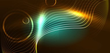 Neon çizgileri ve dalgalar soyut arkaplan. Duvar kağıdı, pankart, arkaplan, iniş sayfası, duvar sanatı, davetiye, baskılar, posterler için parlayan tekno neon şekiller vektör ilülasyonu