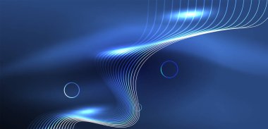 Neon lazer hatları, daire dalgaları soyut arkaplan. Neon ışığı ya da lazer gösterisi, elektrik akımı, güç hatları, tekno kuantum enerji dürtüsü, parlayan sihirli dinamik çizgiler.
