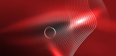 Neon lazer hatları, daire dalgaları soyut arkaplan. Neon ışığı ya da lazer gösterisi, elektrik akımı, güç hatları, tekno kuantum enerji dürtüsü, parlayan sihirli dinamik çizgiler.