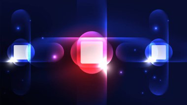 Soyut arkaplan iniş sayfası, parlak formlar üzerinde enerji etkisi konsepti, mavi parıldayan neon ışık yansımalı cam geometrik şekiller.