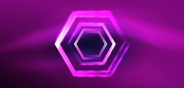 Altıgen soyut arkaplan. Duvar kağıdı, afiş, arkaplan, iniş sayfası, duvar sanatı, davetiye, baskılar için tekno parlayan neon altıgen şekiller vektör ilüstrasyonunu şekillendirir
