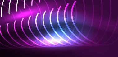 Neon çizgileri ve dalgalar soyut arkaplan. Duvar kağıdı, pankart, arkaplan, iniş sayfası, duvar sanatı, davetiye, baskılar, posterler için parlayan tekno neon şekiller vektör ilülasyonu