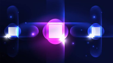 Soyut arkaplan iniş sayfası, parlak formlar üzerinde enerji etkisi konsepti, mavi parıldayan neon ışık yansımalı cam geometrik şekiller.