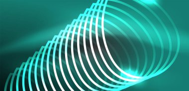 Neon çizgileri ve dalgalar soyut arkaplan. Duvar kağıdı, pankart, arkaplan, iniş sayfası, duvar sanatı, davetiye, baskılar, posterler için parlayan tekno neon şekiller vektör ilülasyonu