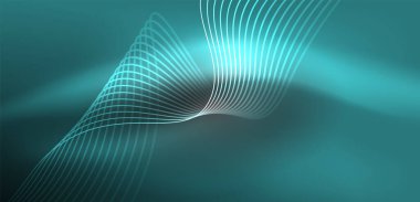 Parlak neon dalgalar. Neon ışığı ya da lazer gösterisi, elektrik akımı, güç hatları, tekno kuantum enerji dürtüsü, parlayan sihirli dinamik çizgiler.