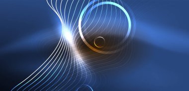 Neon çizgileri ve dalgalar soyut arkaplan. Duvar kağıdı, pankart, arkaplan, iniş sayfası, duvar sanatı, davetiye, baskılar, posterler için parlayan tekno neon şekiller vektör ilülasyonu