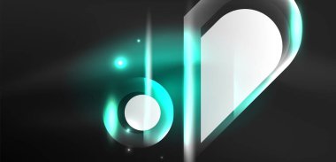 Neon parlayan geometrik şekiller vektör soyut arkaplanı. Yuvarlak elementler, ışık efektleri ve renk arkaplanlı parlak cam. Uzay kozmik ya da sihirli enerji duvar kağıdı