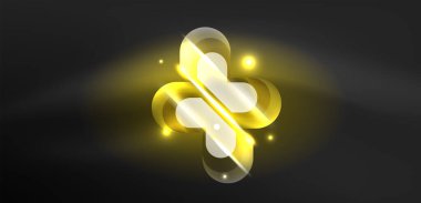 Neon parlayan geometrik şekiller vektör soyut arkaplanı. Yuvarlak elementler, ışık efektleri ve renk arkaplanlı parlak cam. Uzay kozmik ya da sihirli enerji duvar kağıdı