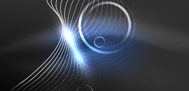 Neon lazer hatları, daire dalgaları soyut arkaplan. Neon ışığı ya da lazer gösterisi, elektrik akımı, güç hatları, tekno kuantum enerji dürtüsü, parlayan sihirli dinamik çizgiler.