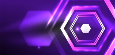 Altıgen soyut arkaplan. Duvar kağıdı, afiş, arkaplan, iniş sayfası, duvar sanatı, davetiye, baskılar için tekno parlayan neon altıgen şekiller vektör ilüstrasyonunu şekillendirir