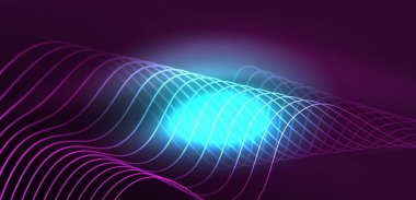 Parlak neon dalgalar. Neon ışığı ya da lazer gösterisi, elektrik akımı, güç hatları, tekno kuantum enerji dürtüsü, parlayan sihirli dinamik çizgiler.