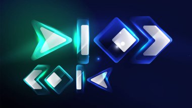 Soyut arkaplan iniş sayfası, parlak formlar üzerinde enerji etkisi konsepti, mavi parıldayan neon ışık yansımalı cam geometrik şekiller.