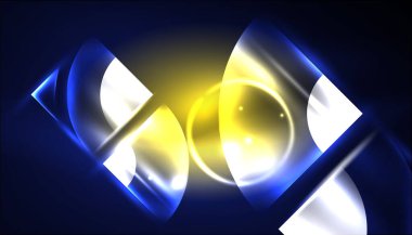 Soyut arka plan vektörü neon parlayan geometrik elementler. Duvar kağıdı, afiş, arkaplan, iniş sayfası, duvar resimleri, davetiyeler, posterler için yüksek teknoloji tasarımı