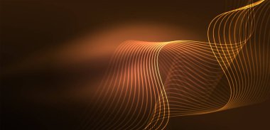 Parlak neon dalgalar. Neon ışığı ya da lazer gösterisi, elektrik akımı, güç hatları, tekno kuantum enerji dürtüsü, parlayan sihirli dinamik çizgiler.