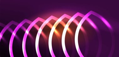 Neon çizgileri ve dalgalar soyut arkaplan. Duvar kağıdı, pankart, arkaplan, iniş sayfası, duvar sanatı, davetiye, baskılar, posterler için parlayan tekno neon şekiller vektör ilülasyonu