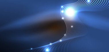 Parlak neon dalgalar. Neon ışığı ya da lazer gösterisi, elektrik akımı, güç hatları, tekno kuantum enerji dürtüsü, parlayan sihirli dinamik çizgiler.