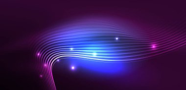 Parlak neon dalgalar. Neon ışığı ya da lazer gösterisi, elektrik akımı, güç hatları, tekno kuantum enerji dürtüsü, parlayan sihirli dinamik çizgiler.