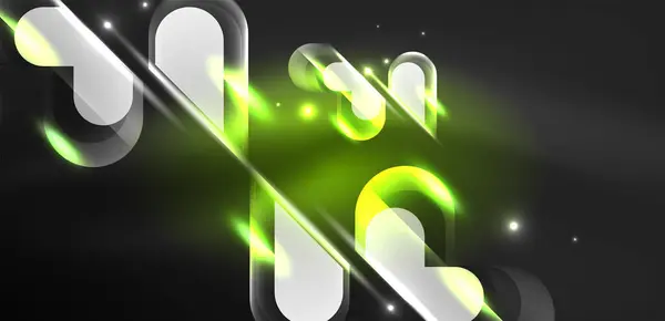 Neon Glödande Geometriska Former Vektor Abstrakt Bakgrund Runda Element Ljuseffekter — Stock vektor
