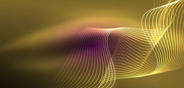 Parlak neon dalgalar. Neon ışığı ya da lazer gösterisi, elektrik akımı, güç hatları, tekno kuantum enerji dürtüsü, parlayan sihirli dinamik çizgiler.