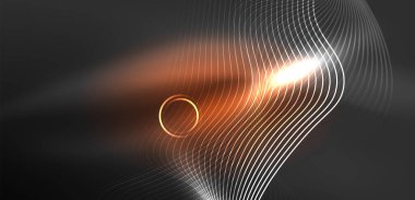 Neon lazer hatları, daire dalgaları soyut arkaplan. Neon ışığı ya da lazer gösterisi, elektrik akımı, güç hatları, tekno kuantum enerji dürtüsü, parlayan sihirli dinamik çizgiler.