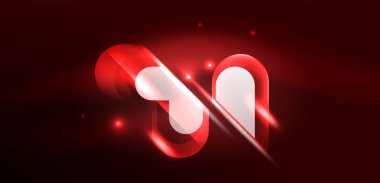 Neon parlayan geometrik şekiller vektör soyut arkaplanı. Yuvarlak elementler, ışık efektleri ve renk arkaplanlı parlak cam. Uzay kozmik ya da sihirli enerji duvar kağıdı