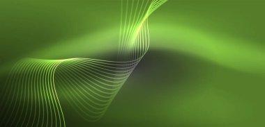 Parlak neon dalgalar. Neon ışığı ya da lazer gösterisi, elektrik akımı, güç hatları, tekno kuantum enerji dürtüsü, parlayan sihirli dinamik çizgiler.