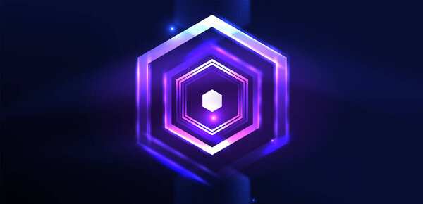Hexagon abstract background. Techno glowing neon hexagon shapes vector illustration for wallpaper, banner, background, landing page, wall art, invitation, prints, posters