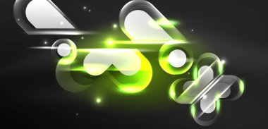 Neon parlayan geometrik şekiller vektör soyut arkaplanı. Yuvarlak elementler, ışık efektleri ve renk arkaplanlı parlak cam. Uzay kozmik ya da sihirli enerji duvar kağıdı