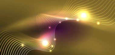 Parlak neon dalgalar. Neon ışığı ya da lazer gösterisi, elektrik akımı, güç hatları, tekno kuantum enerji dürtüsü, parlayan sihirli dinamik çizgiler.