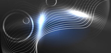 Neon lazer hatları, daire dalgaları soyut arkaplan. Neon ışığı ya da lazer gösterisi, elektrik akımı, güç hatları, tekno kuantum enerji dürtüsü, parlayan sihirli dinamik çizgiler.