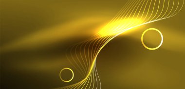 Neon çizgileri ve dalgalar soyut arkaplan. Duvar kağıdı, pankart, arkaplan, iniş sayfası, duvar sanatı, davetiye, baskılar, posterler için parlayan tekno neon şekiller vektör ilülasyonu