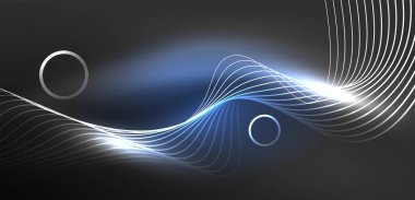 Neon lazer hatları, daire dalgaları soyut arkaplan. Neon ışığı ya da lazer gösterisi, elektrik akımı, güç hatları, tekno kuantum enerji dürtüsü, parlayan sihirli dinamik çizgiler.