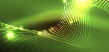 Parlak neon dalgalar. Neon ışığı ya da lazer gösterisi, elektrik akımı, güç hatları, tekno kuantum enerji dürtüsü, parlayan sihirli dinamik çizgiler.