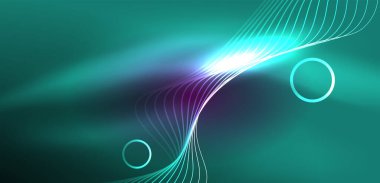 Neon çizgileri ve dalgalar soyut arkaplan. Duvar kağıdı, pankart, arkaplan, iniş sayfası, duvar sanatı, davetiye, baskılar, posterler için parlayan tekno neon şekiller vektör ilülasyonu
