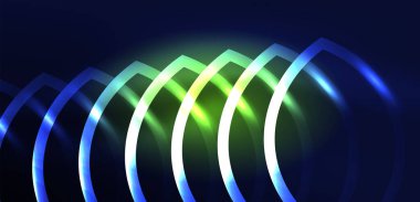 Neon lazer hatları, daire dalgaları soyut arkaplan. Neon ışığı ya da lazer gösterisi, elektrik akımı, güç hatları, tekno kuantum enerji dürtüsü, parlayan sihirli dinamik çizgiler.