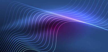 Parlak neon dalgalar. Neon ışığı ya da lazer gösterisi, elektrik akımı, güç hatları, tekno kuantum enerji dürtüsü, parlayan sihirli dinamik çizgiler.