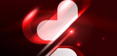 Neon parlayan geometrik şekiller vektör soyut arkaplanı. Yuvarlak elementler, ışık efektleri ve renk arkaplanlı parlak cam. Uzay kozmik ya da sihirli enerji duvar kağıdı