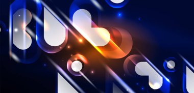 Soyut arkaplan parlayan neon ışıklı geometrik şekiller. Duvar kağıdı, bayrak, arkaplan, kart, kitap illüstrasyonu, iniş sayfası için uzay kozmik ya da sihirli enerji vektör duvar kağıdı