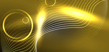 Neon lazer hatları, daire dalgaları soyut arkaplan. Neon ışığı ya da lazer gösterisi, elektrik akımı, güç hatları, tekno kuantum enerji dürtüsü, parlayan sihirli dinamik çizgiler.