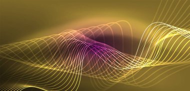 Parlak neon dalgalar. Neon ışığı ya da lazer gösterisi, elektrik akımı, güç hatları, tekno kuantum enerji dürtüsü, parlayan sihirli dinamik çizgiler.